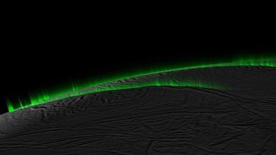 Simulation depicting "curtains" of water vapor erupting from crevasses in the surface of Saturn's moon Enceladus. 