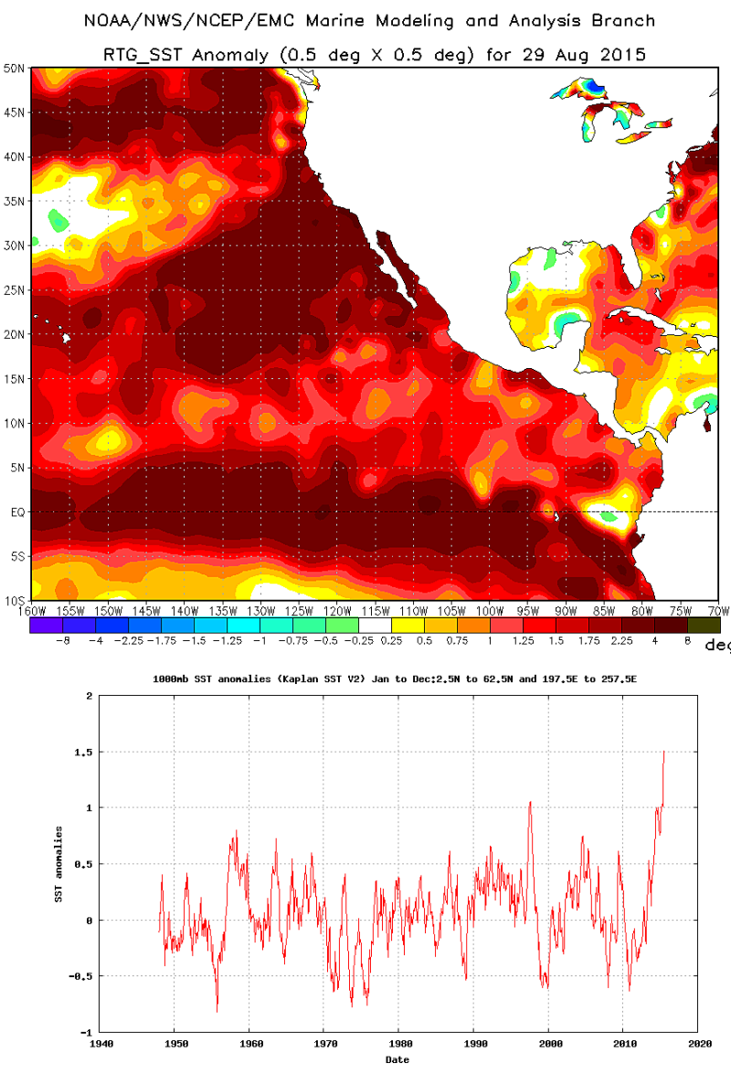 Extreme, record-breaking ocean temperatures extend from the coast of South America near Peru to the northern Gulf of Alaska.