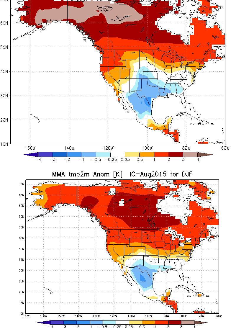 Side-by-side comparison of national vs. international multi-model ensemble forecast for winter 2015-2016. Both suggest above-average temperatures in California.