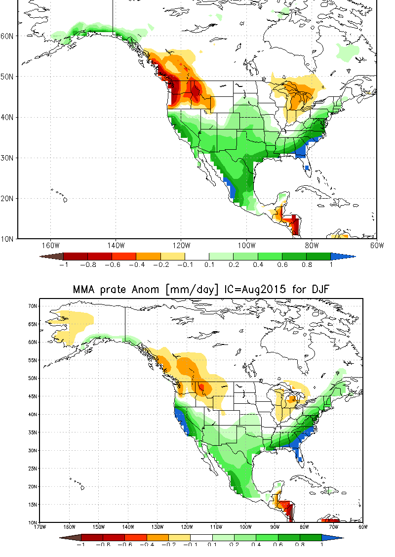 Side-by-side comparison of national vs. international multi-model ensemble forecast for winter 2015-2016. Both suggest above-average precipitation in California.