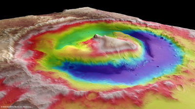 Three-dimensional model of Mars' Gale Crater, and the central mound of sediment named Mount Sharp, currently being explored by NASA's Curiosity rover. 