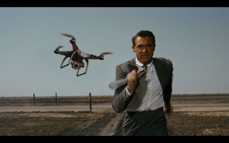 Cary Grant runs from a drone, in this North by Northwest takeoff created by Carl Weingarten. 