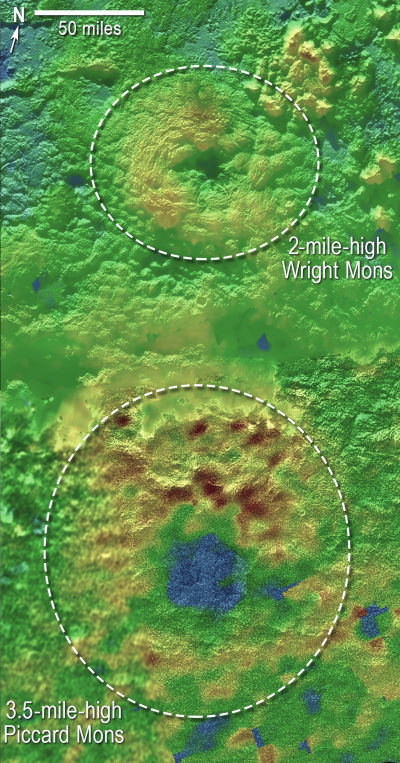 Wright Mons and Piccard Mons, two mountains on Pluto that may have been formed by eruptions of ices from beneath Pluto's surface. 