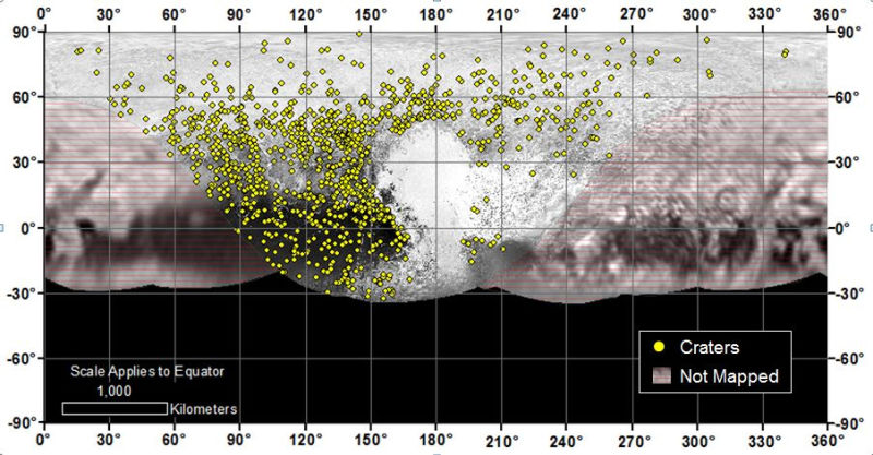 Map of Pluto showing the locations of impact craters. Heavily cratered regions are more ancient surfaces, while those with little or no cratering are relatively young.