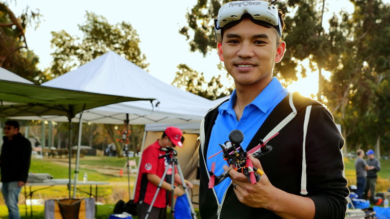 Ken Loo shows off his drone at a drone racing competition he organized and competed in at a park in Sunnyvale. 
