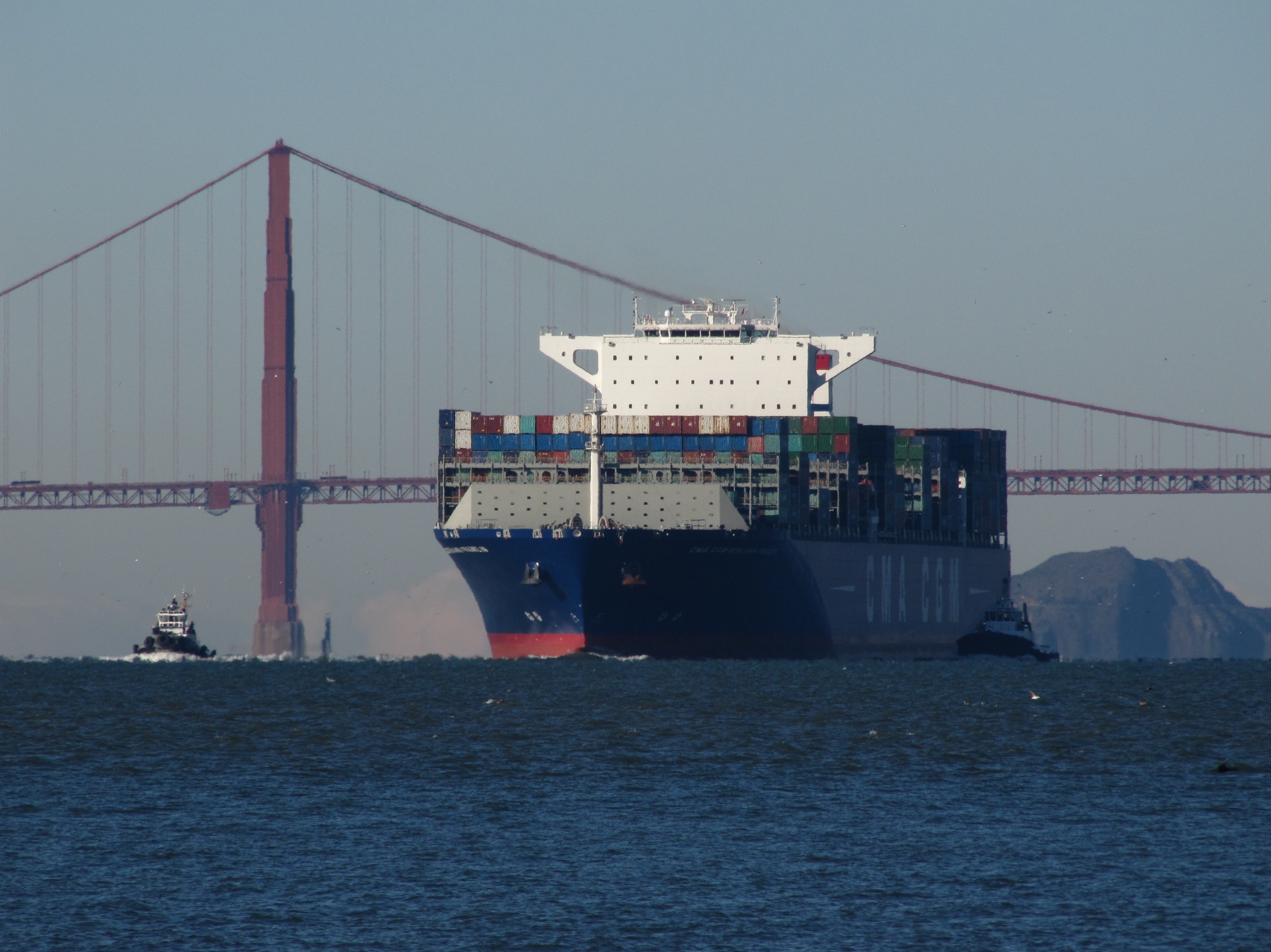 The Ultra-Large Container Ship Benjamin Franklin enters San Francisco Bay on December 31, 2015, the largest cargo ship ever to pass under the Golden Gate Bridge.