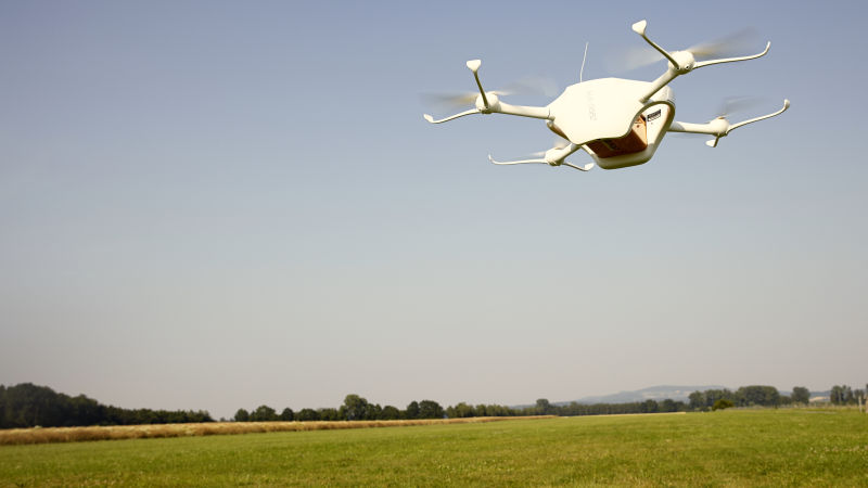 A drone built by Matternet on a test flight in Switzerland. Photo courtesy of Matternet.