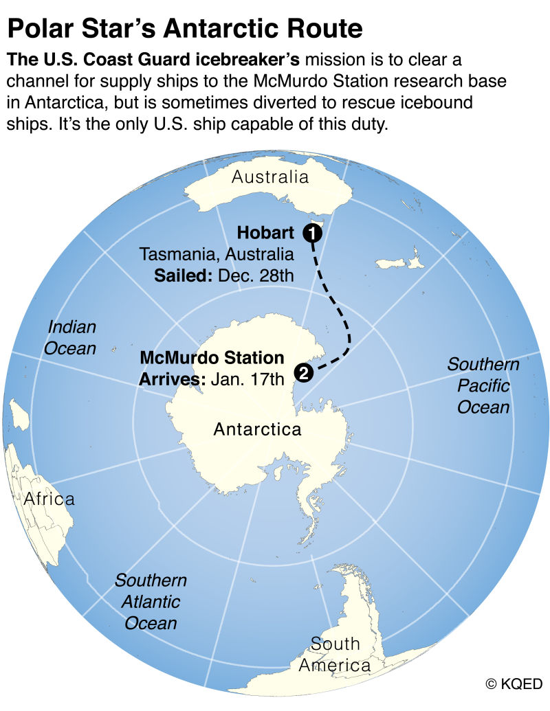 About a week after sailing from Tasmania, the Polar Star entered the ice fields and began breaking a channel into McMurdo Sound.