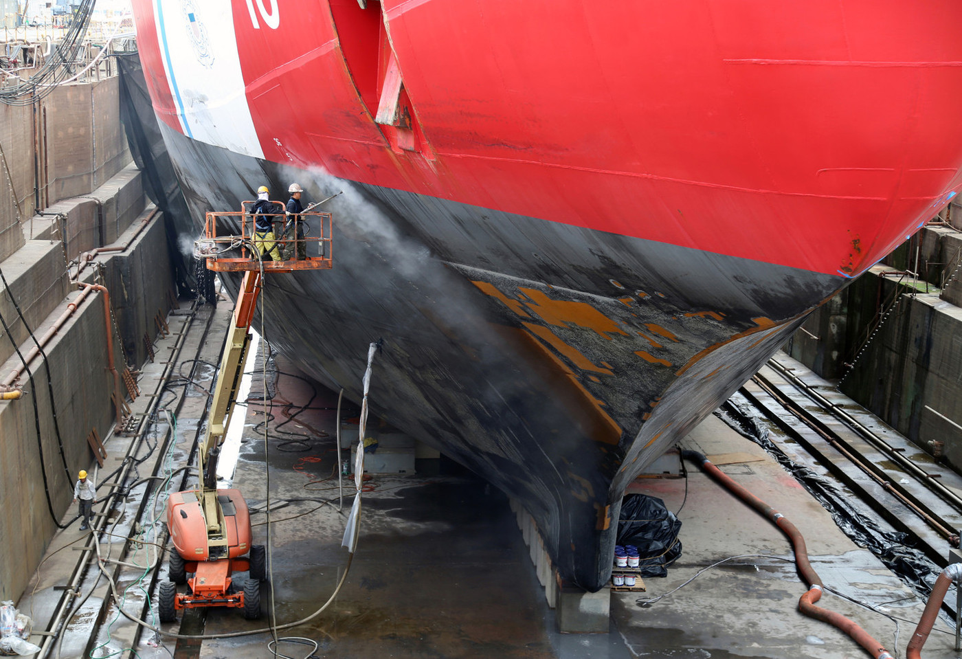 This view of Polar Star in dry-dock reveals the specially-shaped keel for riding up onto heavy ice.