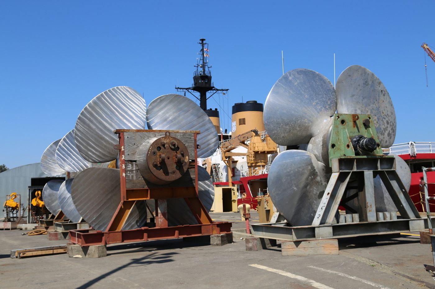 Polar Star's giant twin propellers, each 18 feet across, await installation at Vallejo's Mare Island shipyard in 2014.