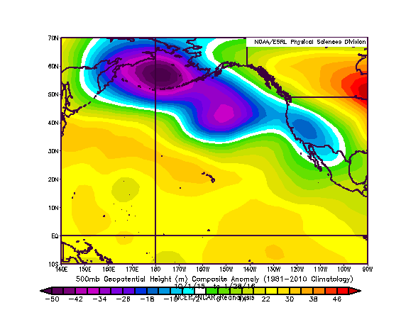 Subtropical ridging between Hawaii and California has been more prominent so far during 2015-2016 than during the 82/83 or 97/98 events.