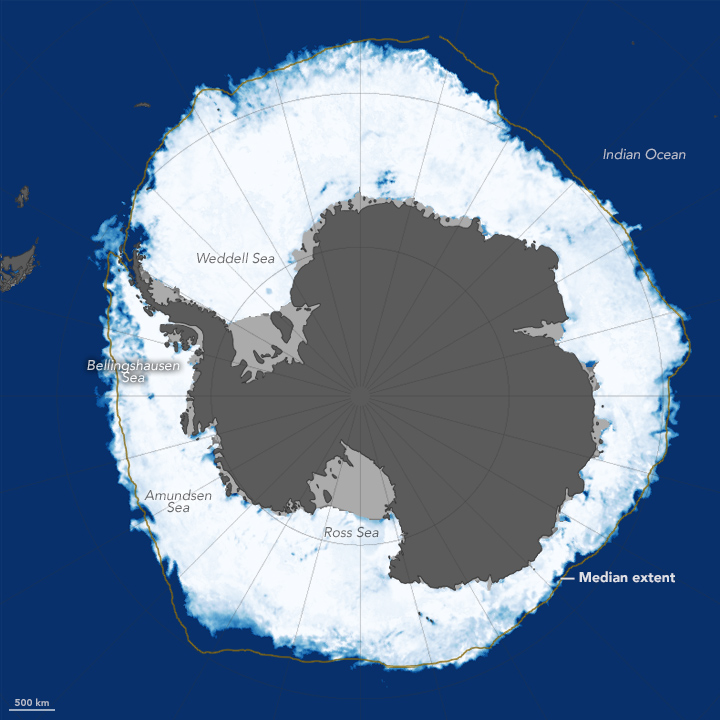 Sea ice around Antarctica reached its annual peak in October, 2015. The extent was a retreat from recent record highs.