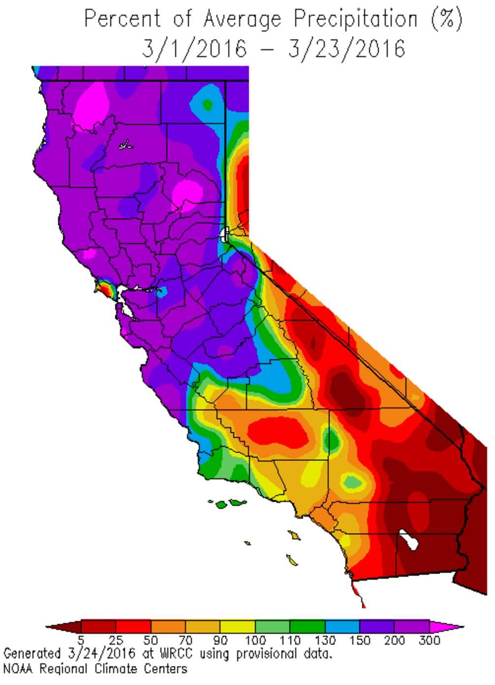 This map shows precipitation as a percentage of average for March. Areas in maroon are at less than 5 percent of average for this time of year while magenta areas are at more than 300 percent of average. 