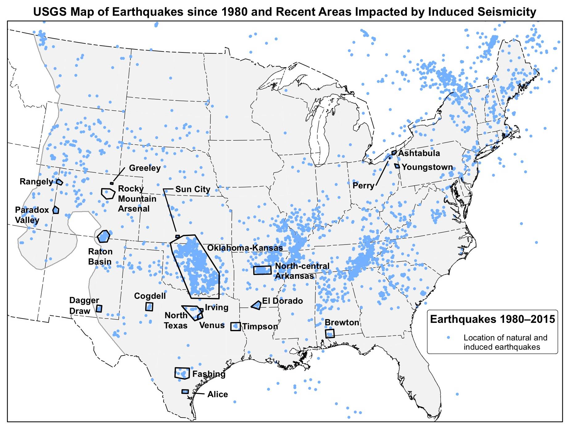 USGS map displaying 21 areas where scientists have observed rapid changes in seismicity that are associated with wastewater injection. The map also shows natural and induced earthquakes with a magnitude greater than or equal to 2.5.