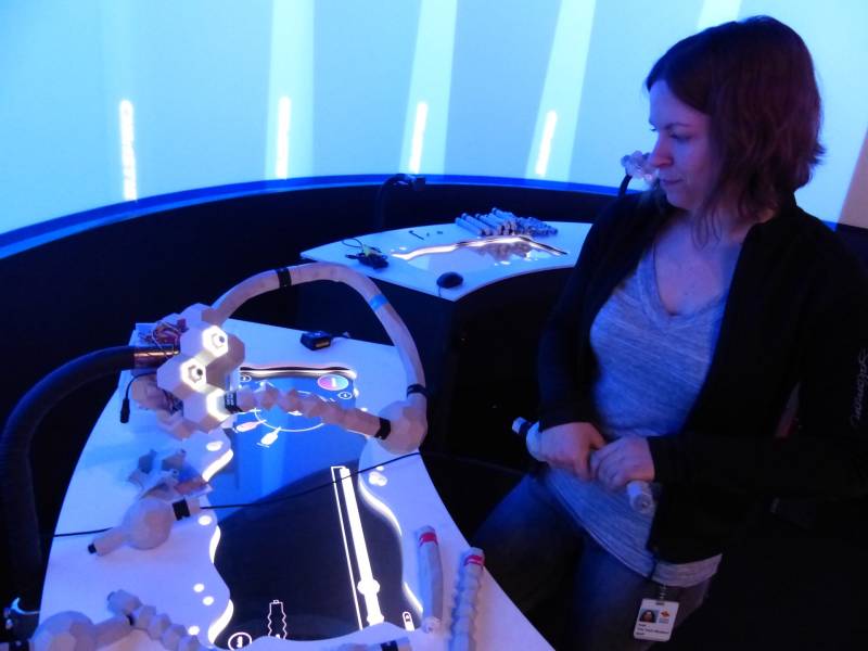 Anja Scholze, biotech experience designer at The Tech Museum of Innovation, builds the genome of her own virtual creature at the new exhibit, BioDesign Studio. The critter gets released into a virtual world where it interacts with other museum-created organisms.