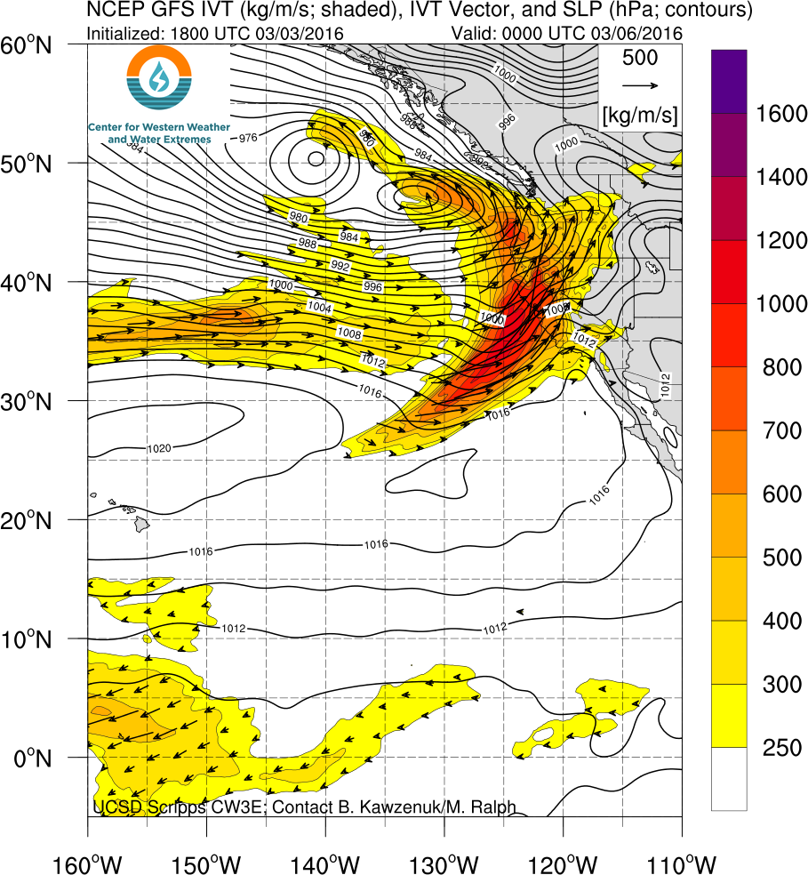Water vapor fluxes associated with this weekend’s atmospheric river will be impressive.