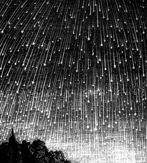 Engraving depicting the exceptional 1833 "meteor storm" of the Leonid Meteor Shower.