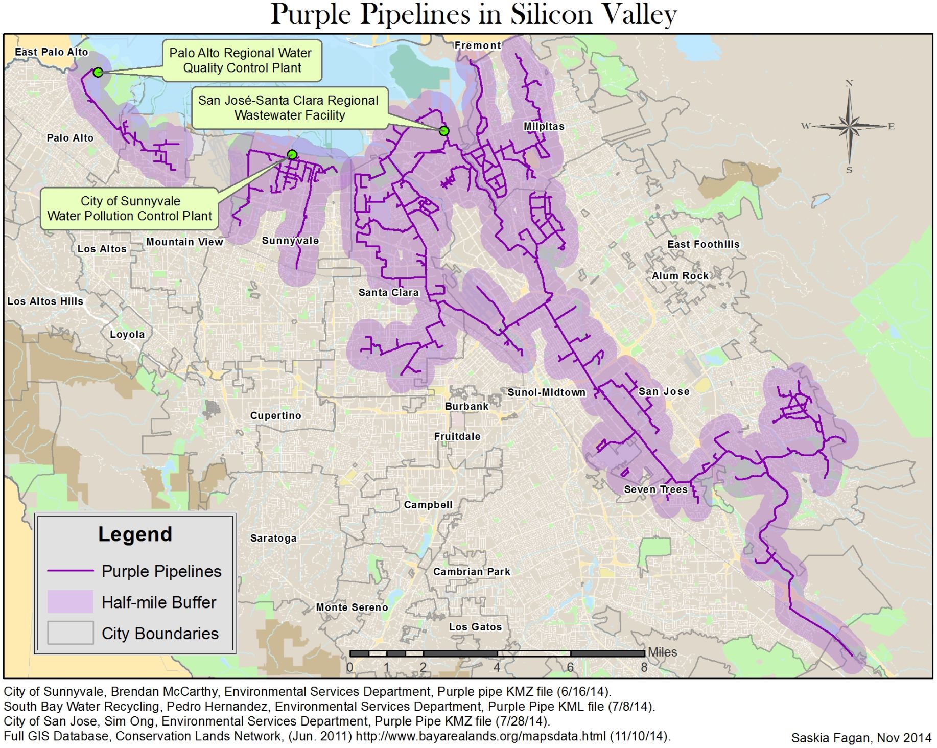 Purple lines indicate the pipelines of the recycled water systems stretching through multiple cities in Santa Clara County. 