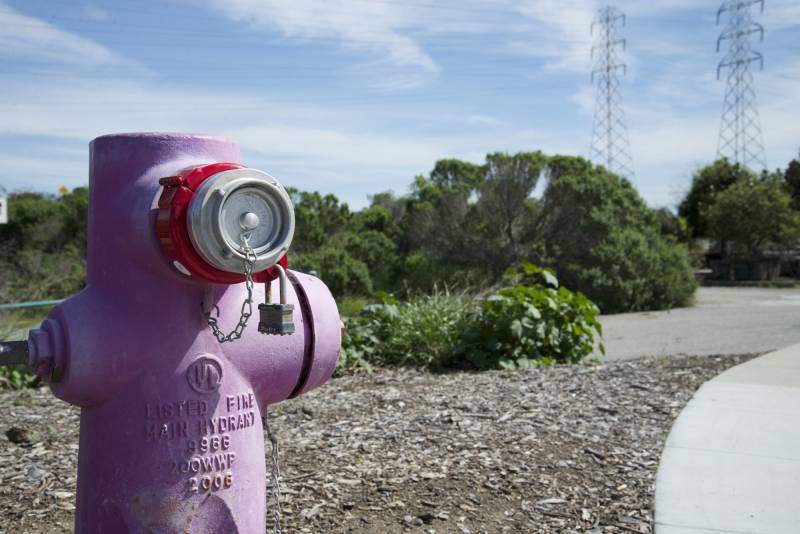 A purple colored hydrant designates a recycled water fill station in Mountain View, California.