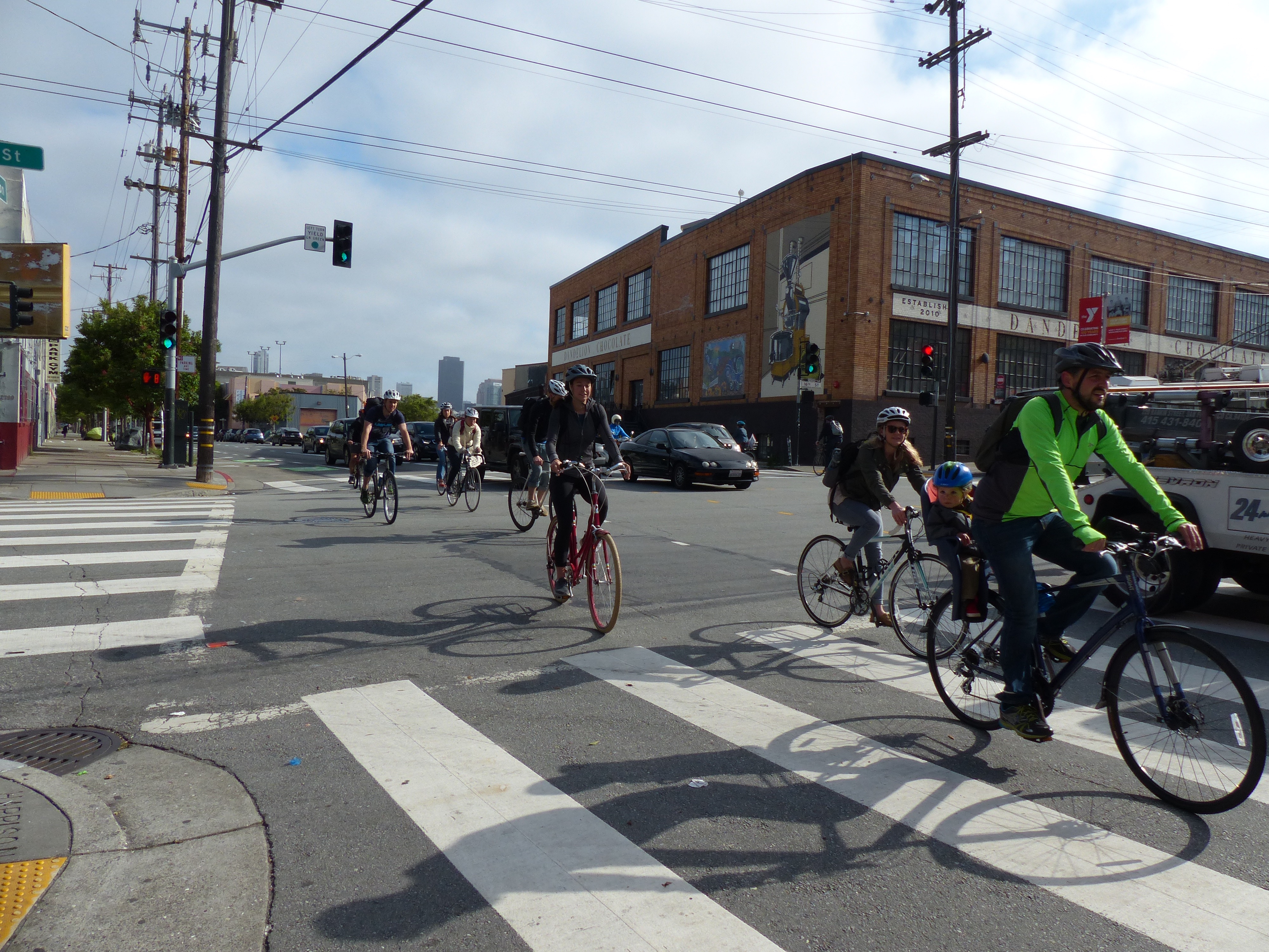 Morning commuters pedal through the Mission District in San Francisco on Bike To Work Day. 