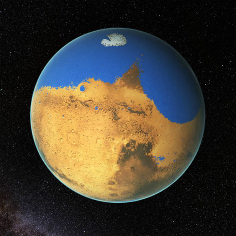 Artist concept of the ancient, water-covered Mars.
