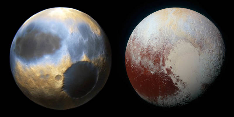 Pluto, before and after New Horizons. Artist concept (left), New Horizons (right).