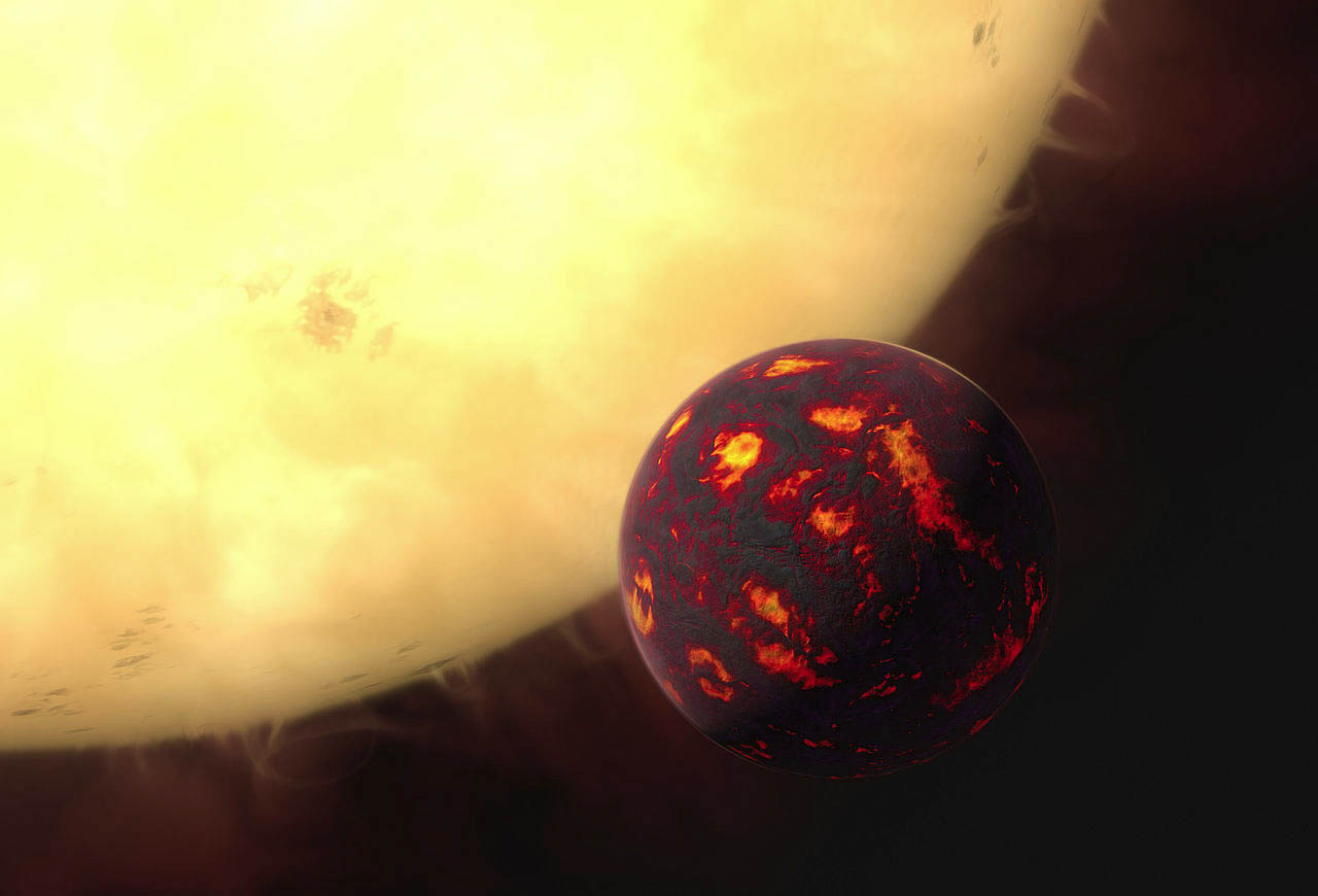 Artist concept of the super-Earth 55 Cancri e, which is about 25 times closer to its star than Mercury is from our sun. 