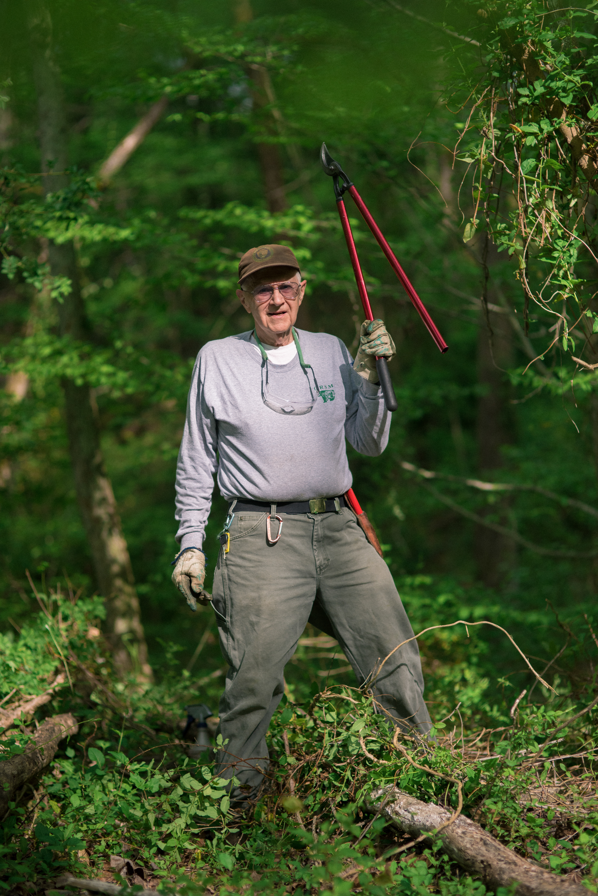 Paul "Doc" Hadala, a volunteer at Great Smoky Mountains National Park, works to eliminate invasive plant species from a section of forest.