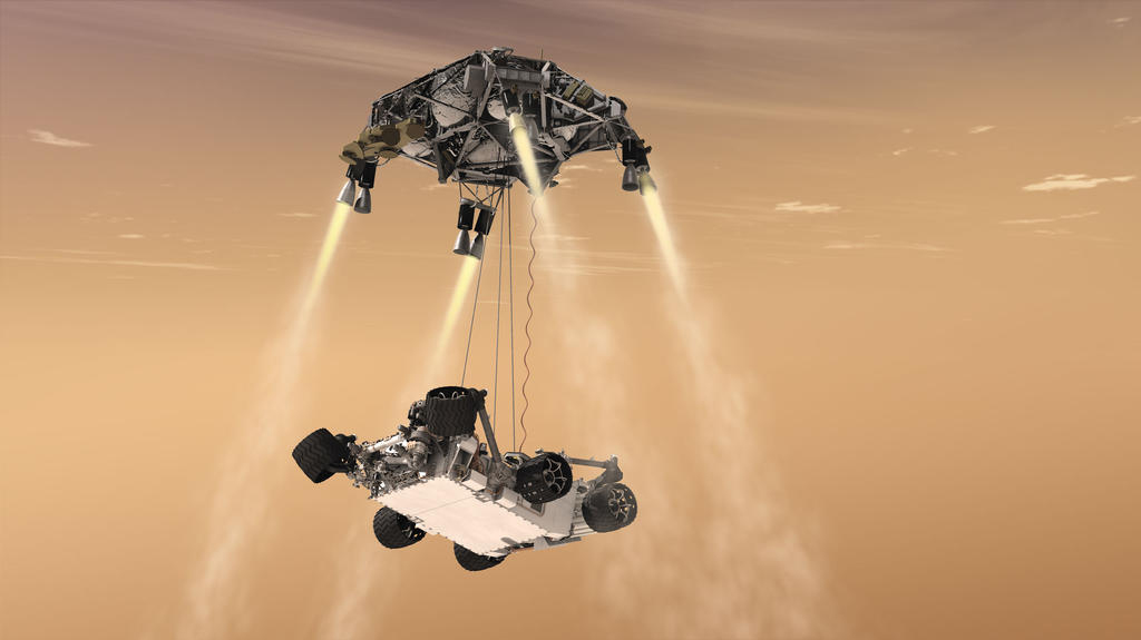 Mars 2020 and Curiosity both employ a rocket-driven "sky crane" system to land on Mars. 