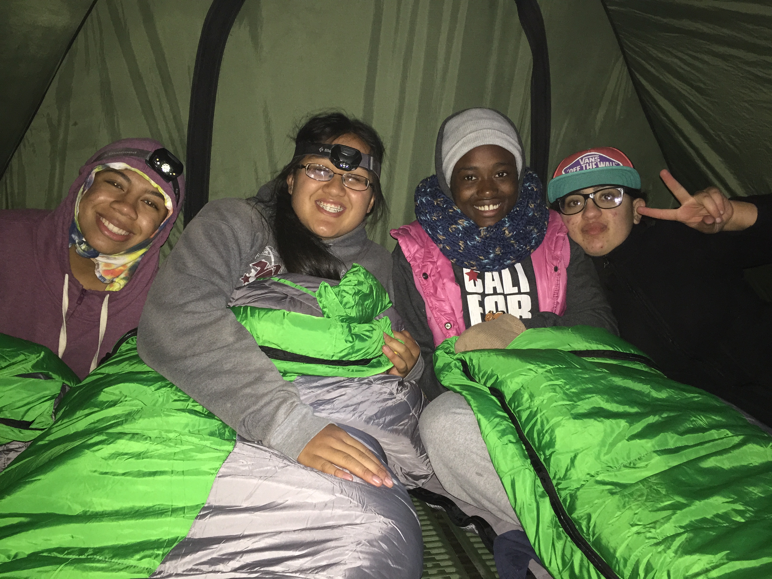 Youth intership camping trip at Point Reyes, CA. From left to right: Lurleen Frazier, Sarah Hoang, Olive Tambou, Stela Zouradakis