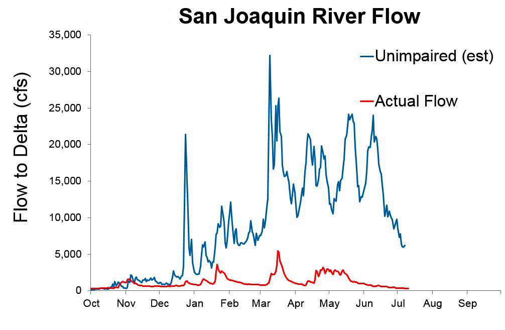 This past year, the most of the water from the San Joaquin River has been diverted.