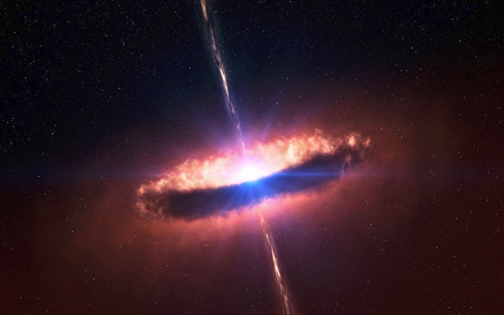 Artist concept of a blazar, the active core of a galaxy powered by a central super-massive black hole.