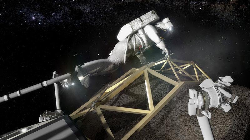 An astronaut in this artist's conception prepares to investigate the asteroid boulder. But proponents of the NASA mission say that instead of sending humans to an asteroid, it might be easier and quicker to bring the asteroid to the humans.