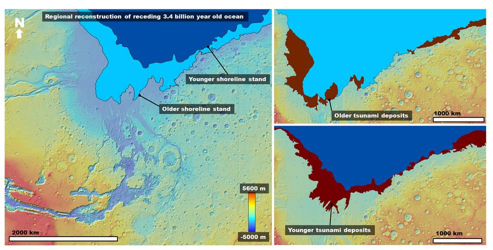 Color coded maps of paleo-shorelines on Mars shaped by great tsunamis in ancient ocean. 