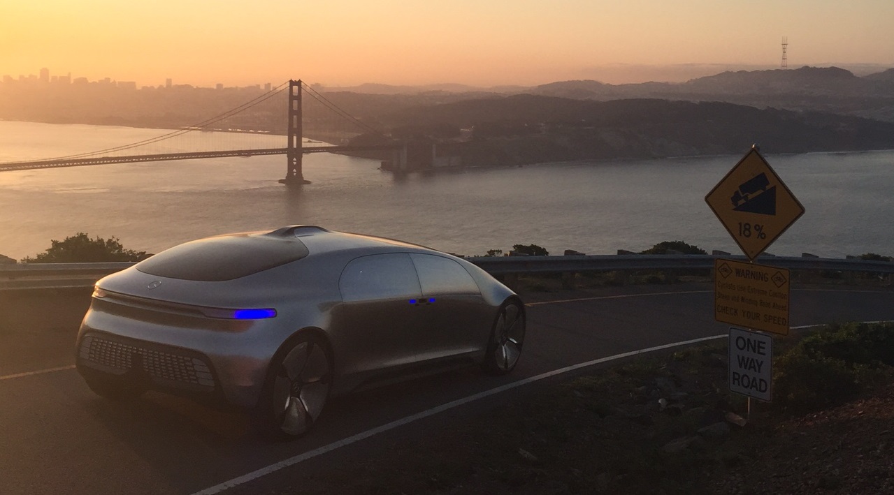 The Mercedes Benz F 015 self-driving car at the top of Conzelman Road on the morning of March 3, 2015.