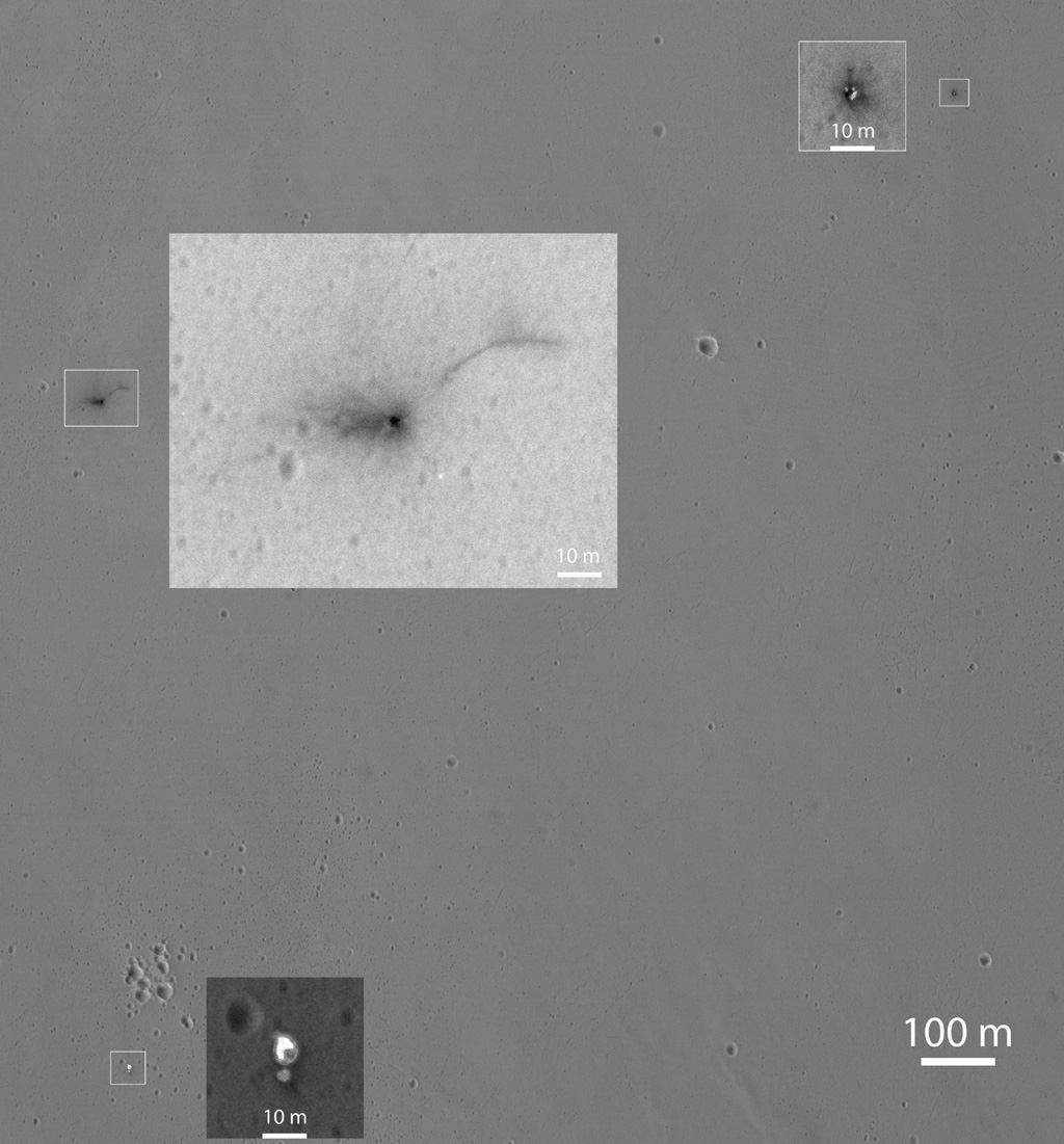 Image with inset blow-ups of the Schiaparelli lander's impact area taken by the Mars Reconnaissance Orbiter's HIRISE camera. Upper right: impact mark of the ejected heat shield. Lower left: the severed parachute. Upper middle: the lander's impact site. 