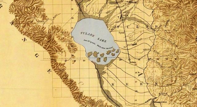 The historic Tulare Lake, as shown on a map from 1873, was once the largest natural freshwater lake west of the Mississippi River. Some advocates believe that allowing periodic floods to revive the lake could ease water shortages in the San Joaquin Valley. D
