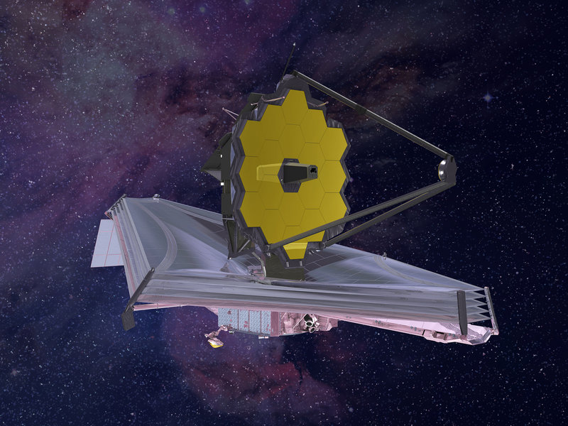 An artist's rendering of the James Webb Space Telescope. The telescope's silver, umbrella-shape heat shield will be the size of a tennis court, engineers say. It's crucial to keep cool the instruments that detect infrared light from distant stars. Northrop 