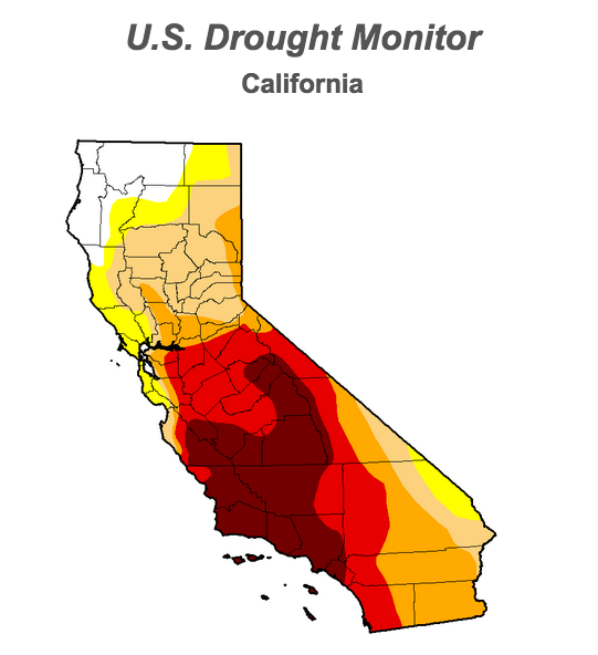 Much of California remains in official drought. The red and dark-red areas indicate "extreme" and "exceptional" drought conditions, respectively.