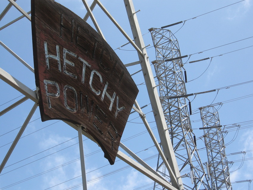 Dated signage indicating electricity from Hetch Hetchy. (Craig Miller/KQED)
