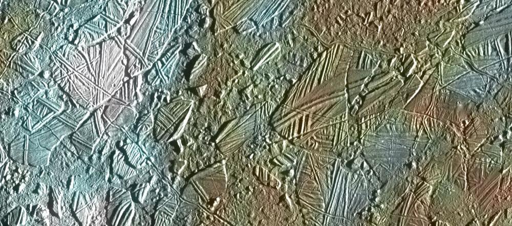 Image of "chaos terrain" in Europa's icy crust--visual evidence of the strong possibility that a deep watery ocean exist beneath. 