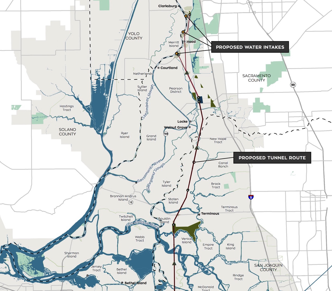 This map of the California WaterFix project shows part of the route for the proposed twin water diversion tunnels across the Sacramento-San Joaquin Delta, along with intakes and some other facilities. 