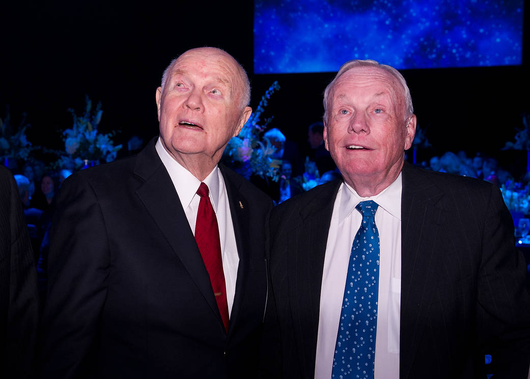 Sen. John Glenn, left, and Apollo 11 Astronaut Neil Armstrong are seen prior to the start of a dinner at Ohio State University that honored the 50th anniversary of John Glenn's historic flight aboard Friendship 7 in, 2012. 