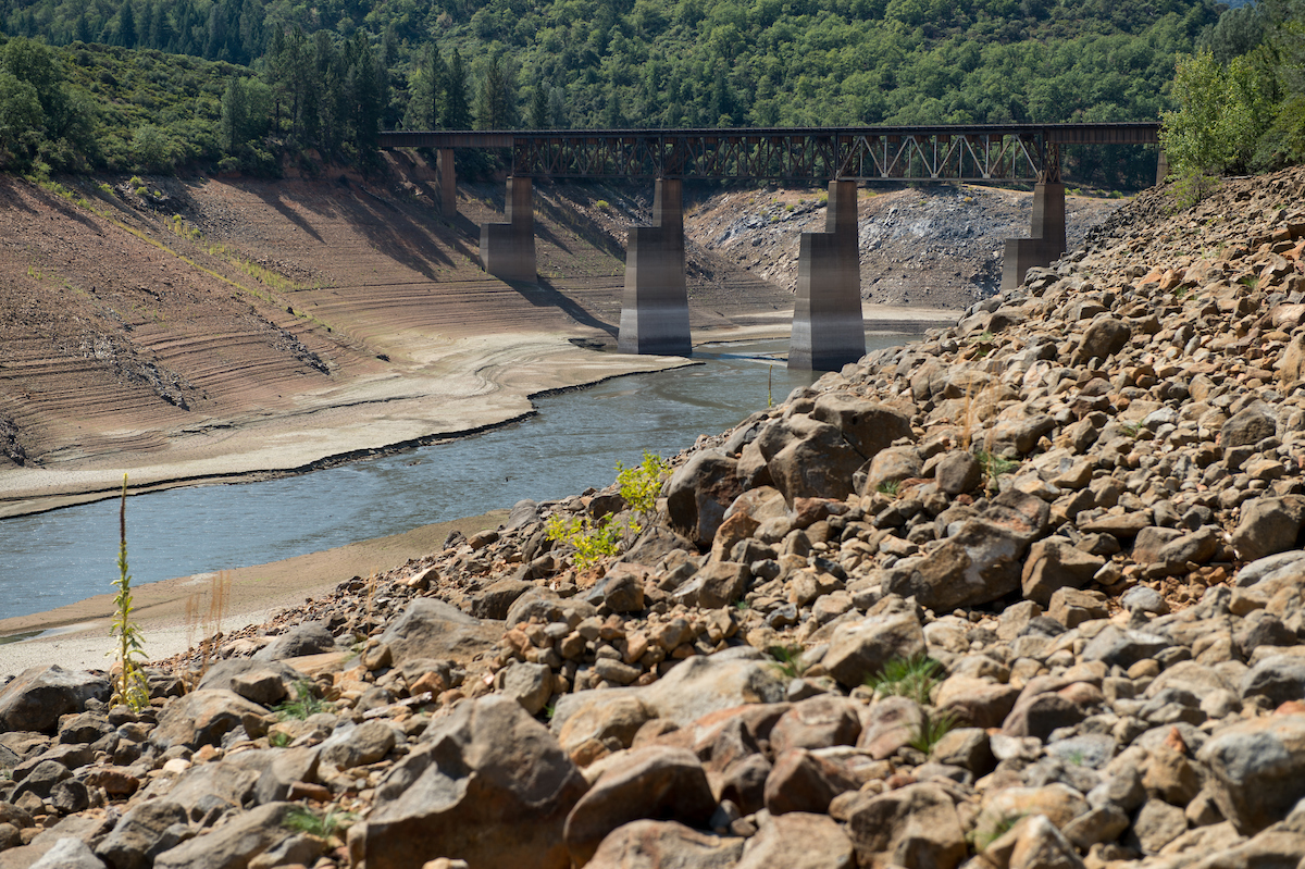 Low water levels in Lake Shasta on August 25th, 2014 during the state's fourth year of drought. 
