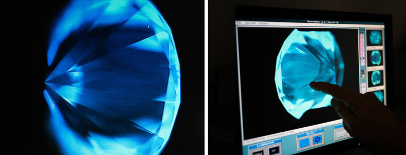 Weinstein examines the internal structure of a mined diamond (left) against a lab-grown diamond.