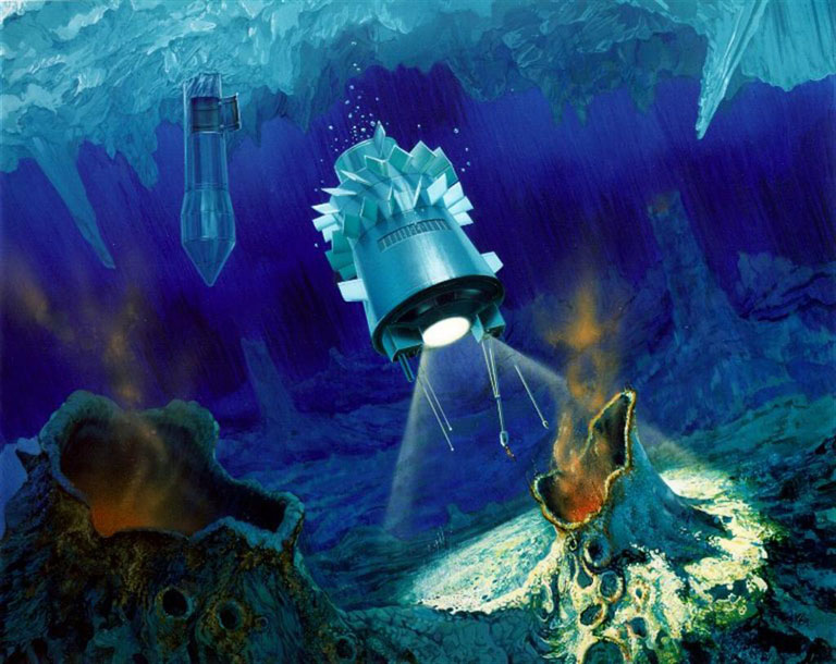 Artist depiction of a robotic submarine probe exploring the floor of Europa's ocean. 