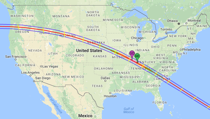 Lines marking the path of the upcoming Total Solar Eclipse on August 21, 2017. The green marker labeled GE is the point of Greatest Eclipse. The magenta marker labeled GD is the point of Greatest Duration. 