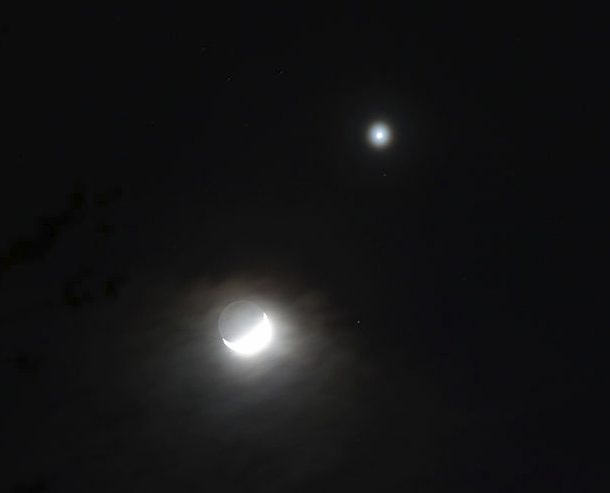 Telescope view of a conjunction of Venus (lower left) and Jupiter in 2012. 