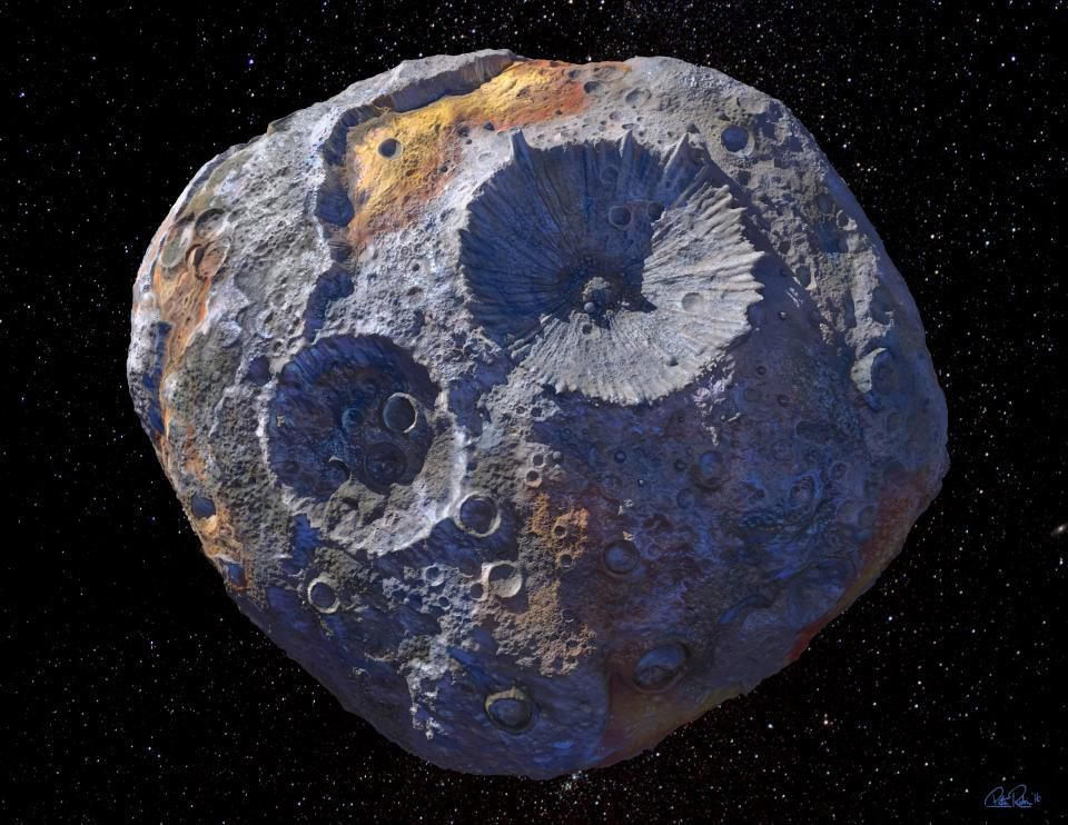 Artist concept of the metallic asteroid 16 Psyche, the subject of exploration for NASA's Psyche spacecraft. 