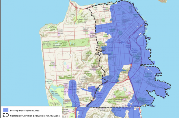 San Francisco map shows "Priority Development Area" located almost completely inside an area of concur to the state Air Resources Board. (Map: Pacific Institute)